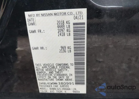 2021 Nissan Altima Sr Intelligent Awd из США, поврежденный, VIN 1N4BL4CW0MN380995